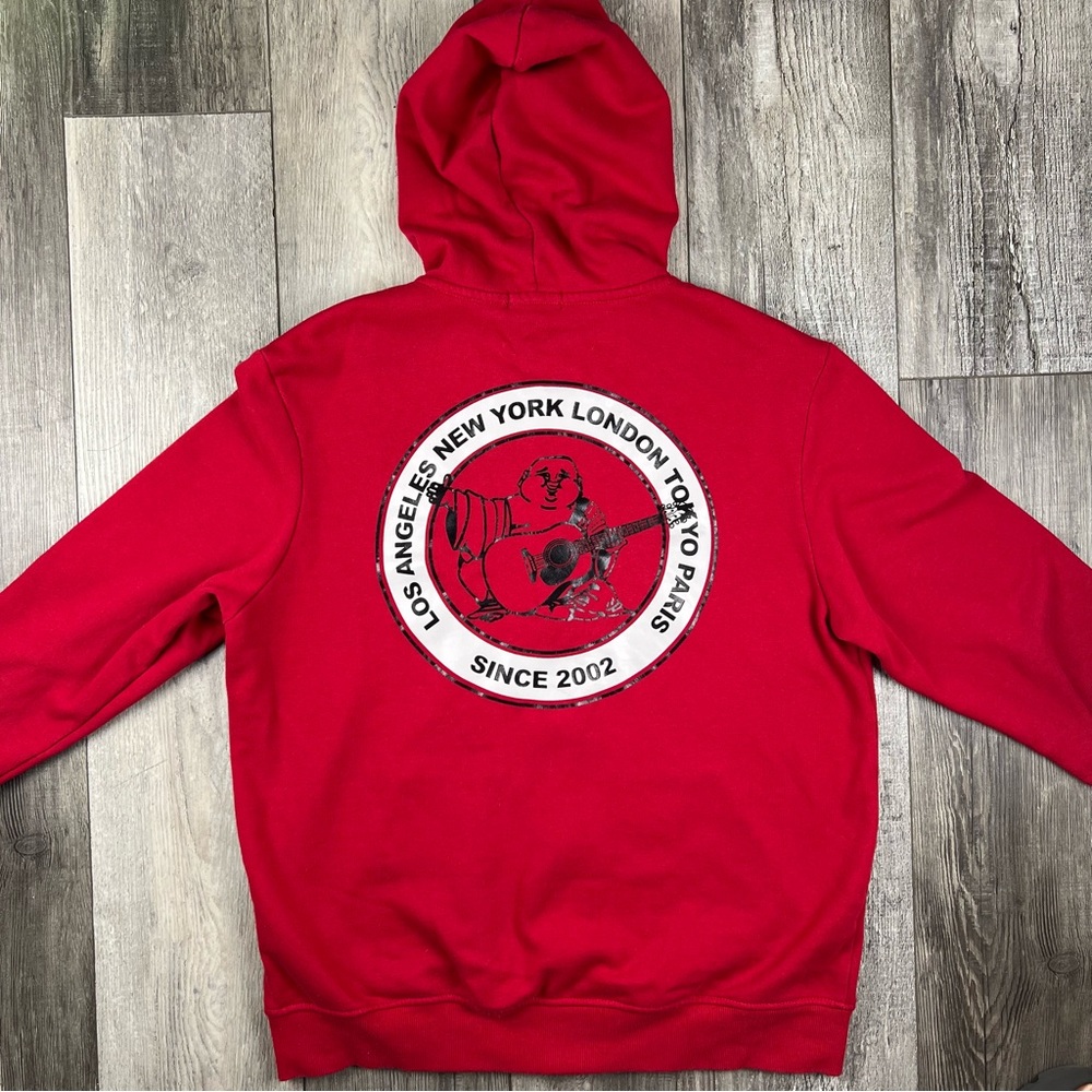True Religion Men's Jester Red City Buddha Logo Full Zip Up Hoodie Size Large